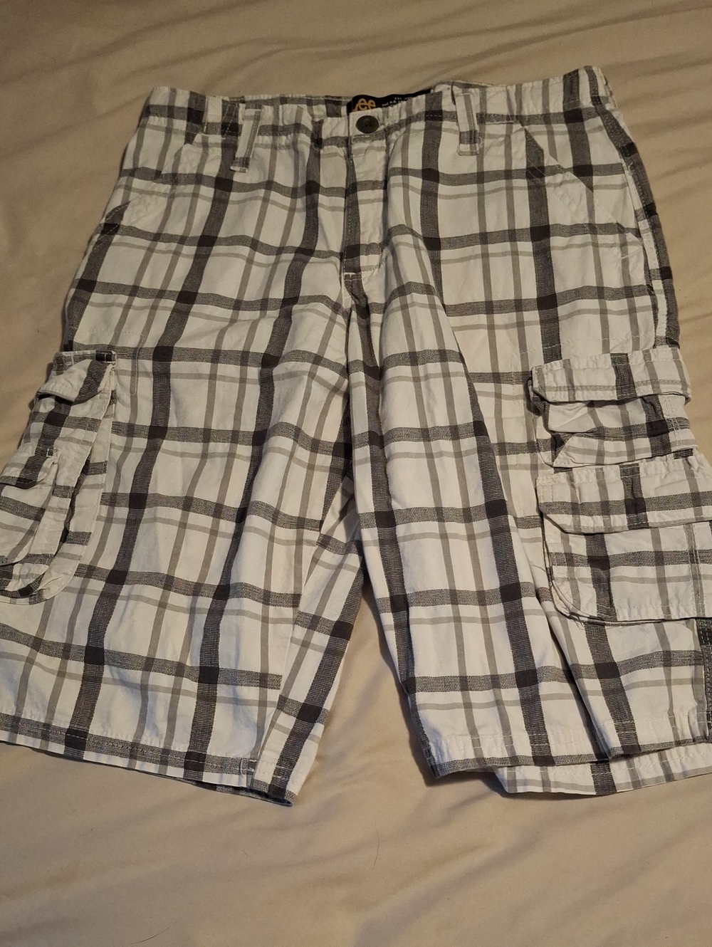 Boys Lee Gray And White Plaid Cargo Shorts